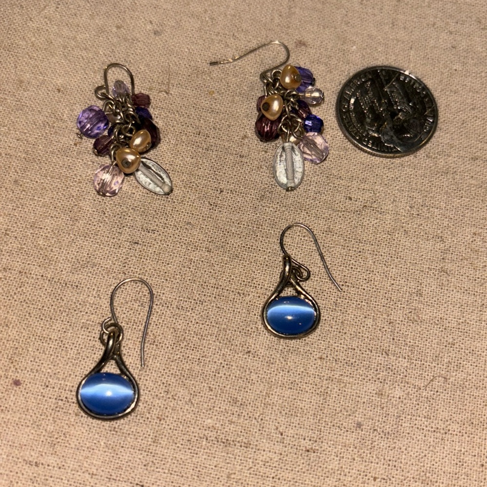 Vintage  handcrafted women’s dangle earrings purple and oval blue 70s 80s 90s